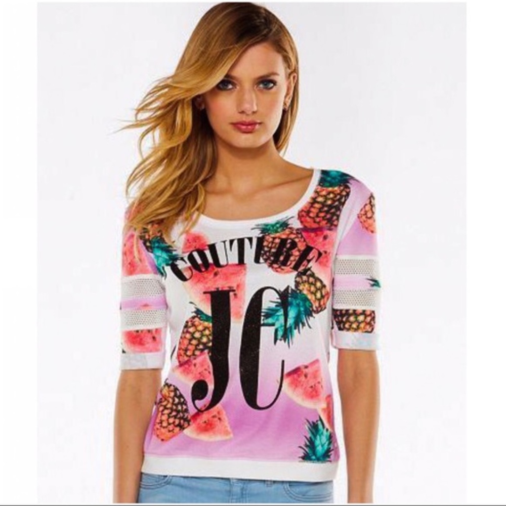 JUICY COUTURE Sweatshirt Top French Terry Pink Tropical Short Sleeve Medium